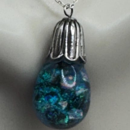 Vintage Blue Fire Floating Opal Necklace Sterling Silver