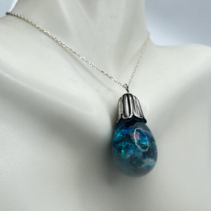 Vintage Blue Fire Floating Opal Necklace Sterling Silver