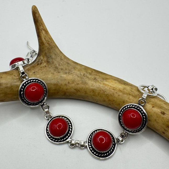 Vintage Red Coral Glass Silver Toggle Bracelet Silver Bronze