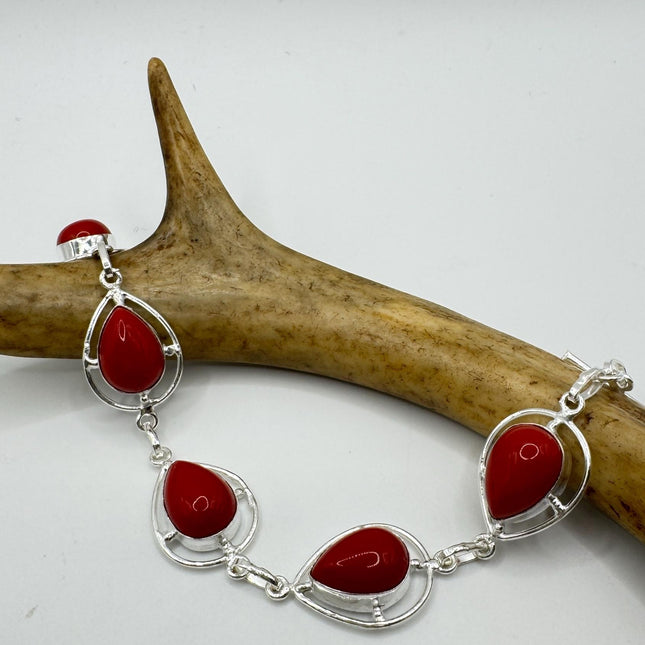 Vintage Red Coral Glass Silver Toggle Bracelet Silver Bronze