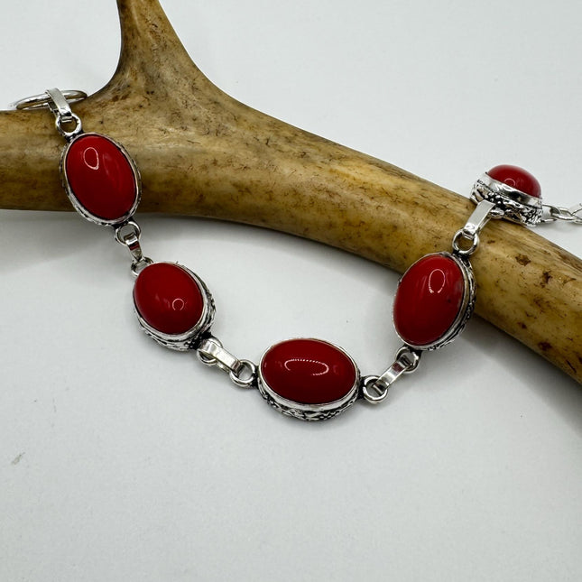 Vintage Red Coral Glass Silver Toggle Bracelet Silver Bronze