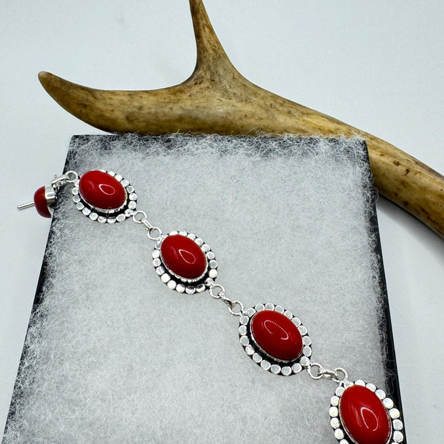 Vintage Red Coral Glass Silver Toggle Bracelet Silver Bronze