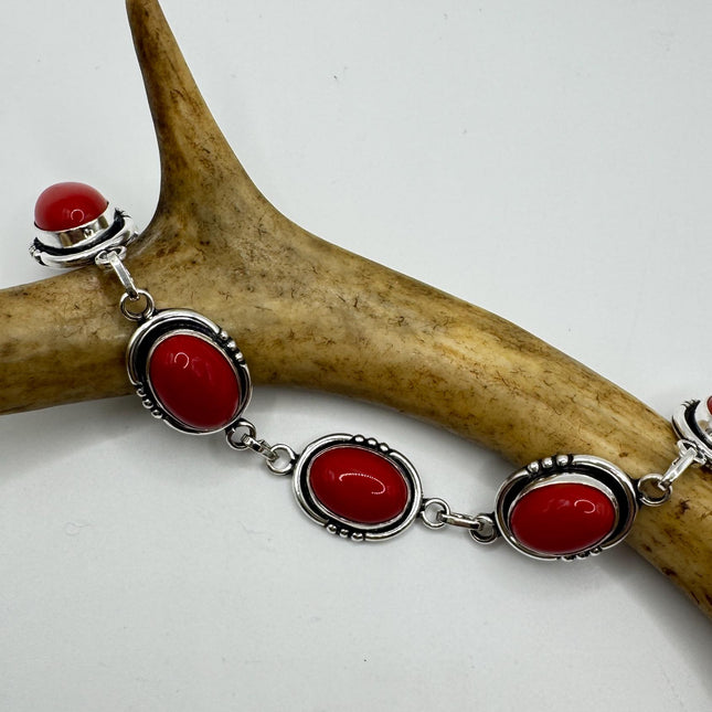 Vintage Red Coral Glass Silver Toggle Bracelet Silver Bronze