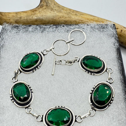 Vintage Green Glass Silver Toggle Bracelet Silver Bronze