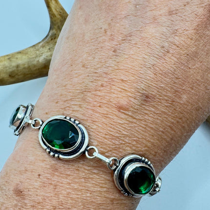 Vintage Green Glass Silver Toggle Bracelet Silver Bronze