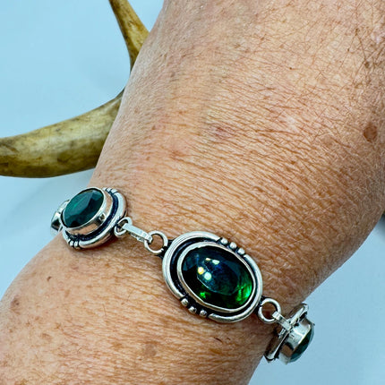 Vintage Green Glass Silver Toggle Bracelet Silver Bronze