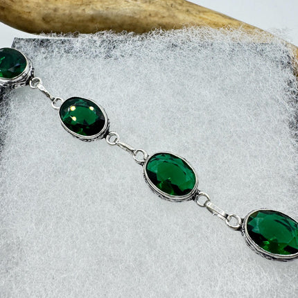Vintage Green Glass Silver Toggle Bracelet Silver Bronze