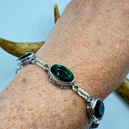 Vintage Green Glass Silver Toggle Bracelet Silver Bronze