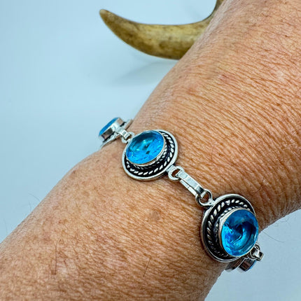 Vintage Blue Glass Silver Toggle Bracelet Silver Bronze