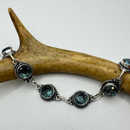 Vintage Blue Glass Silver Toggle Bracelet Silver Bronze