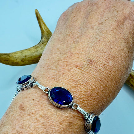 Vintage colbalt Blue Glass Silver Toggle Bracelet Silver Bronze