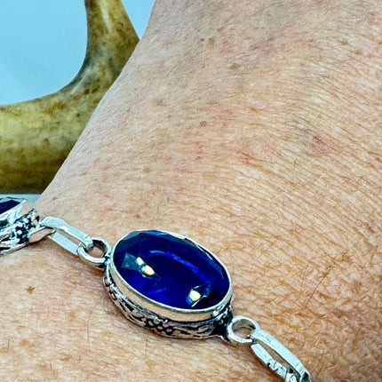 Vintage colbalt Blue Glass Silver Toggle Bracelet Silver Bronze