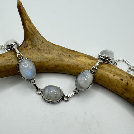 Vintage Rainbow Moonstone Toggle Bracelet Silver Bronze