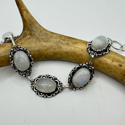 Vintage Rainbow Moonstone Toggle Bracelet Silver Bronze
