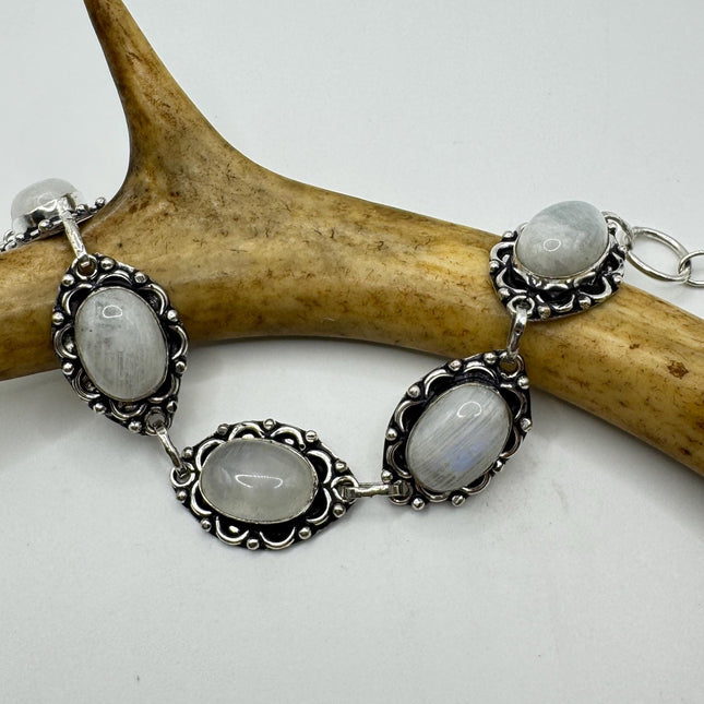 Vintage Rainbow Moonstone Toggle Bracelet Silver Bronze