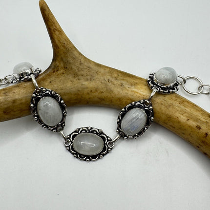 Vintage Rainbow Moonstone Toggle Bracelet Silver Bronze