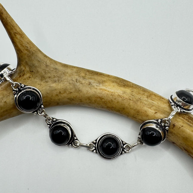 Vintage Black Onyx Toggle Bracelet Silver Bronze