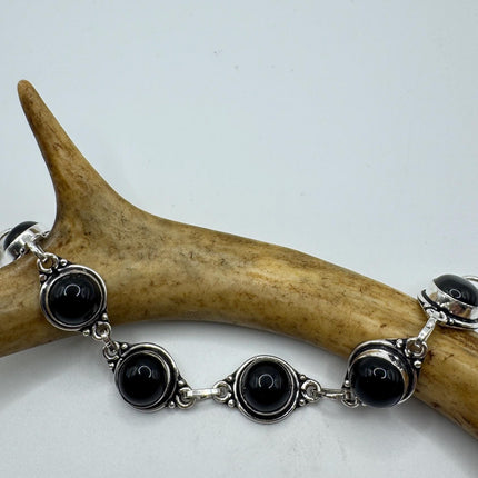 Vintage Black Onyx Toggle Bracelet Silver Bronze