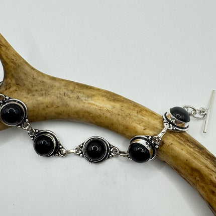 Vintage Black Onyx Toggle Bracelet Silver Bronze