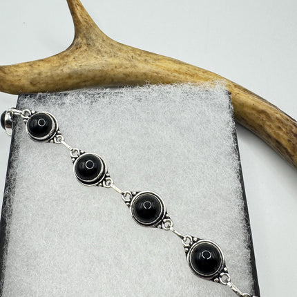 Vintage Black Onyx Toggle Bracelet Silver Bronze