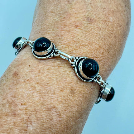 Vintage Black Onyx Toggle Bracelet Silver Bronze