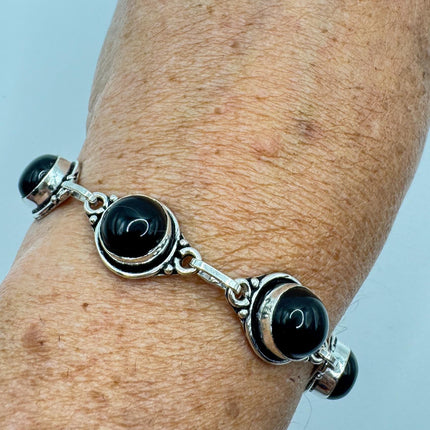 Vintage Black Onyx Toggle Bracelet Silver Bronze