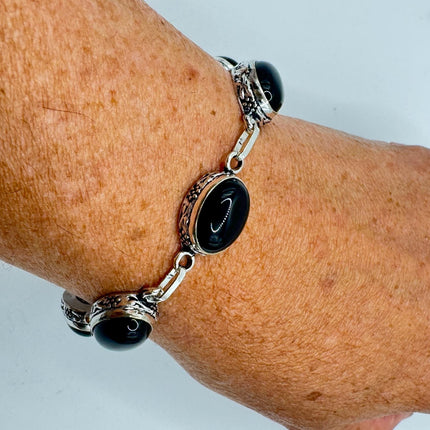 Vintage Black Onyx Toggle Bracelet Silver Bronze