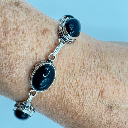 Vintage Black Onyx Toggle Bracelet Silver Bronze