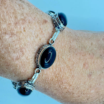 Vintage Black Onyx Toggle Bracelet Silver Bronze