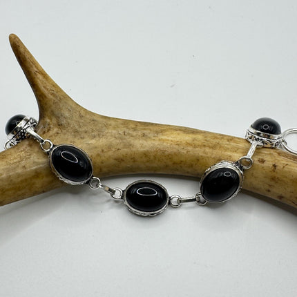 Vintage Black Onyx Toggle Bracelet Silver Bronze