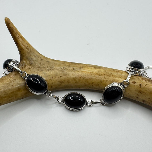 Vintage Black Onyx Toggle Bracelet Silver Bronze