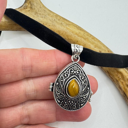 Vintage Poison Pillbox Velvet Choker Locket - Silver, White Bronze, Tigers Eye, Antique Design, Necklace