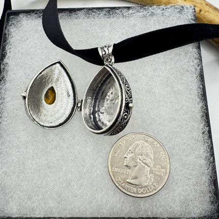 Vintage Poison Pillbox Velvet Choker Locket - Silver, White Bronze, Tigers Eye, Antique Design, Necklace
