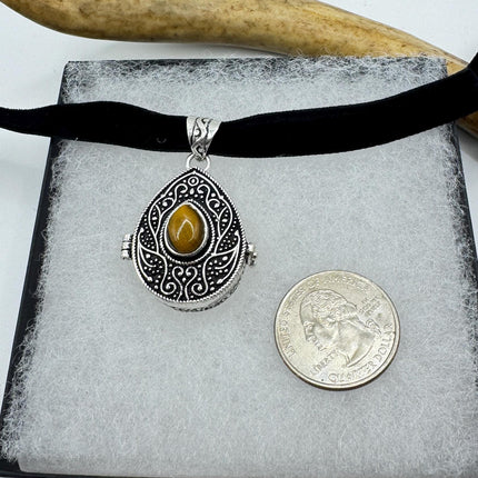 Vintage Poison Pillbox Velvet Choker Locket - Silver, White Bronze, Tigers Eye, Antique Design, Necklace