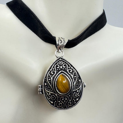 Vintage Poison Pillbox Velvet Choker Locket - Silver, White Bronze, Tigers Eye, Antique Design, Necklace