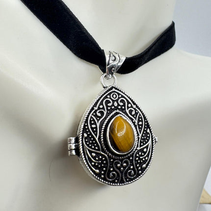 Vintage Poison Pillbox Velvet Choker Locket - Silver, White Bronze, Tigers Eye, Antique Design, Necklace