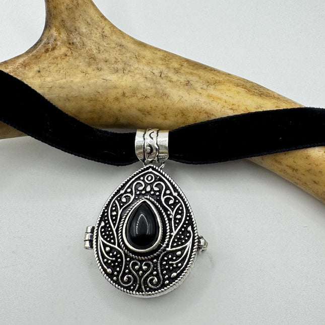 Vintage Poison Pillbox Velvet Choker Photo Locket - Silver, White Bronze, Black Onyx Antique Design Necklace