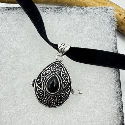 Vintage Poison Pillbox Velvet Choker Photo Locket - Silver, White Bronze, Black Onyx Antique Design Necklace