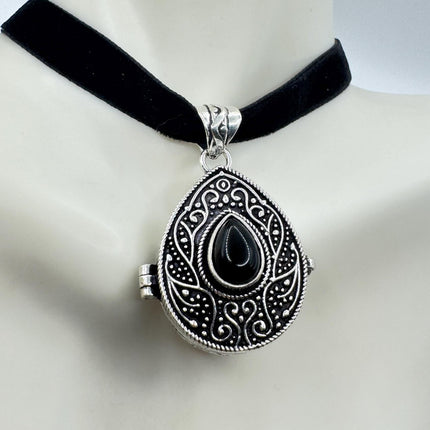 Vintage Poison Pillbox Velvet Choker Photo Locket - Silver, White Bronze, Black Onyx Antique Design Necklace