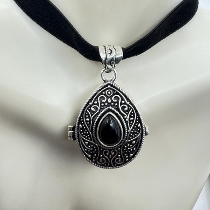Vintage Poison Pillbox Velvet Choker Photo Locket - Silver, White Bronze, Black Onyx Antique Design Necklace