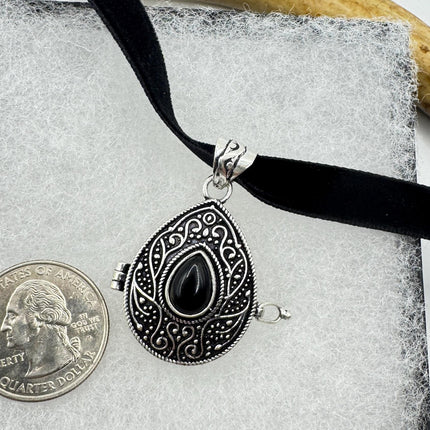 Vintage Poison Pillbox Velvet Choker Photo Locket - Silver, White Bronze, Black Onyx Antique Design Necklace