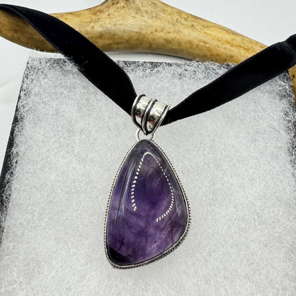Amethyst Silver Bronze Choker - Black Velvet Ribbon
