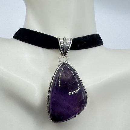 Amethyst Silver Bronze Choker - Black Velvet Ribbon