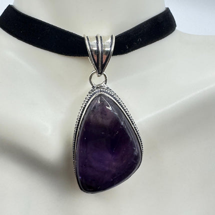 Amethyst Silver Bronze Choker - Black Velvet Ribbon