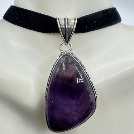 Amethyst Silver Bronze Choker - Black Velvet Ribbon