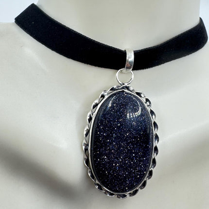 Black Goldstone Choker Necklace: Vintage Style (Black Velvet Ribbon, Chunky Pendant)