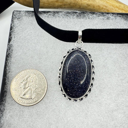 Black Goldstone Choker Necklace: Vintage Style (Black Velvet Ribbon, Chunky Pendant)