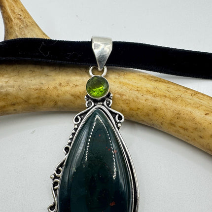 Vintage Green Bloodstone Choker Necklace - Bronze and Silver Finish Black Velvet Ribbon Design