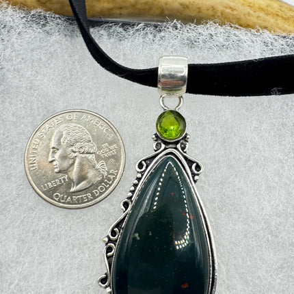 Vintage Green Bloodstone Choker Necklace - Bronze and Silver Finish Black Velvet Ribbon Design