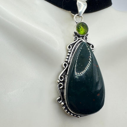 Vintage Green Bloodstone Choker Necklace - Bronze and Silver Finish Black Velvet Ribbon Design